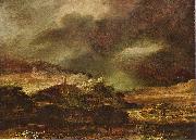 Rembrandt Harmensz Van Rijn Stadt auf einem Hugel bei sturmischem Wetter oil painting artist